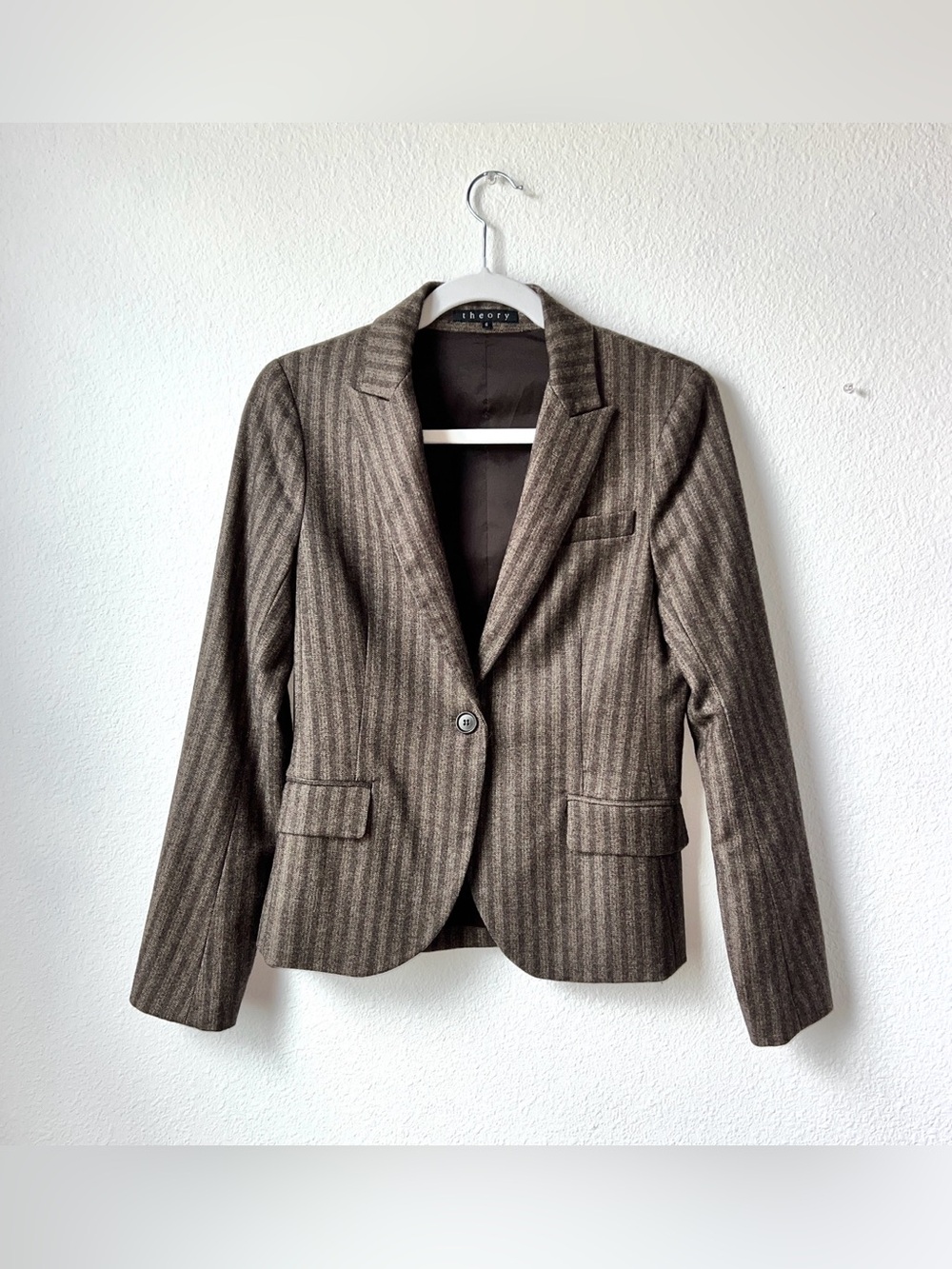 Theory Brown Herringbone Wool Blend Blazer Jacket Size 6 Made in US